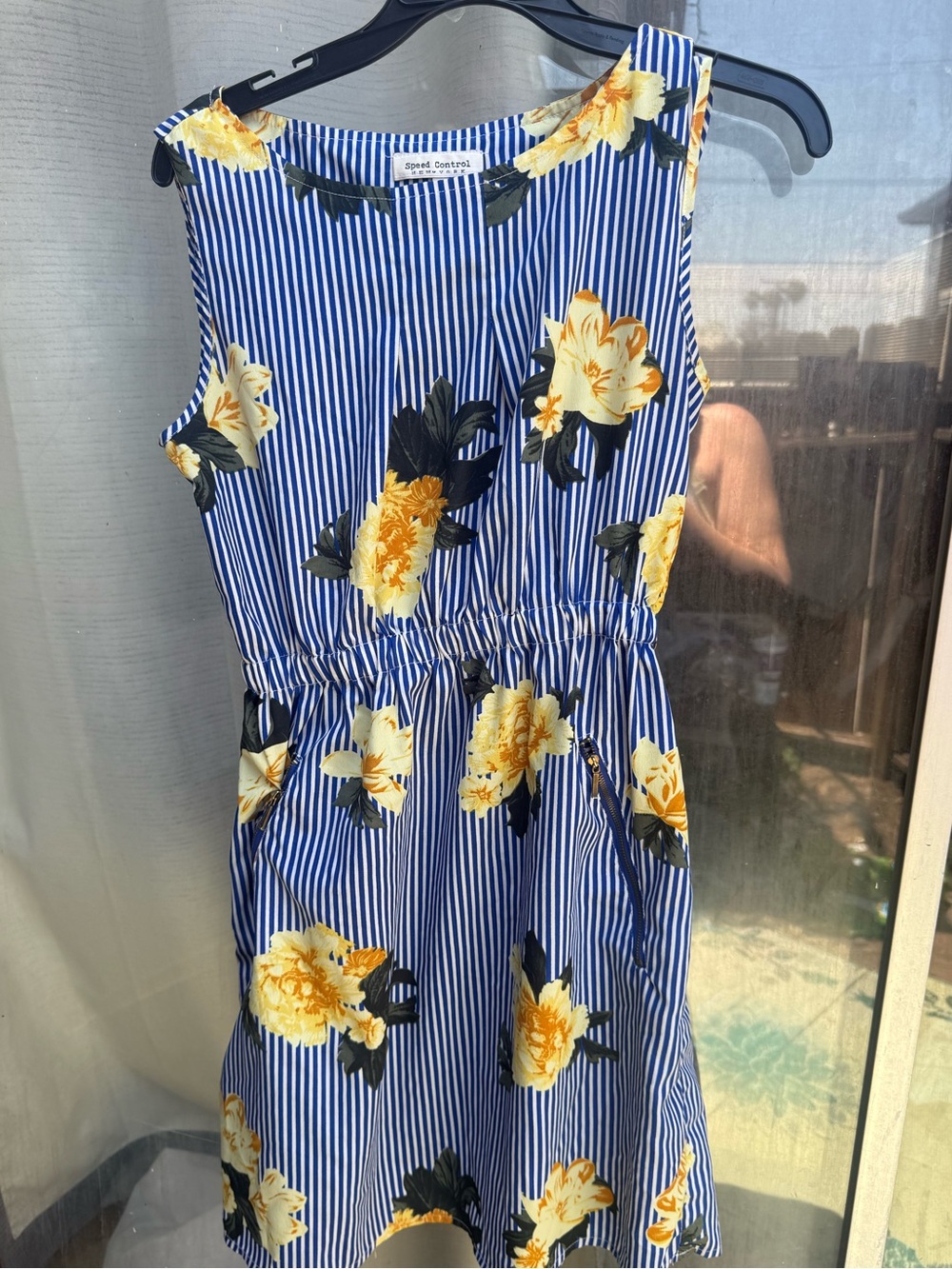 Speed Control Girls' Blue Striped Dress with Yellow Floral Print zipper pockets